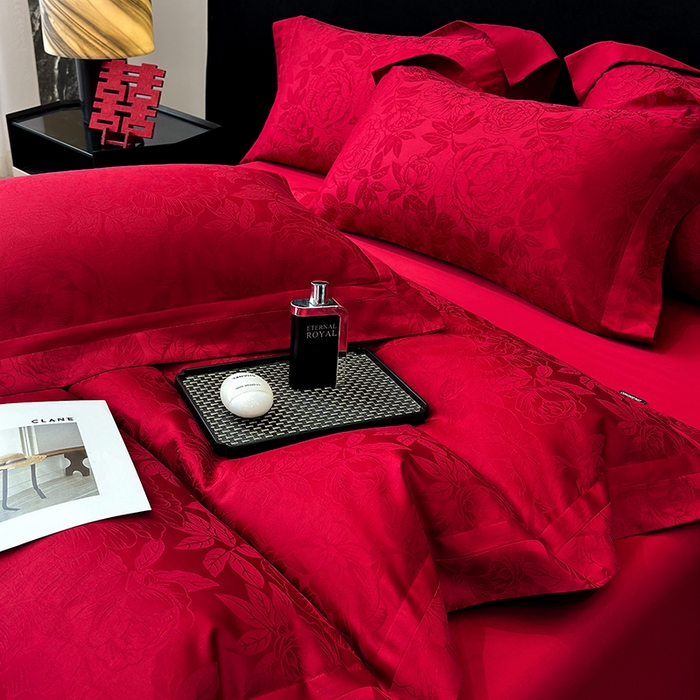 91家纺网 家纺一手货源 找家纺 （总）家居1号家纺 2026新款60支长绒棉纯棉提花婚庆四件套-花开富贵玫瑰红