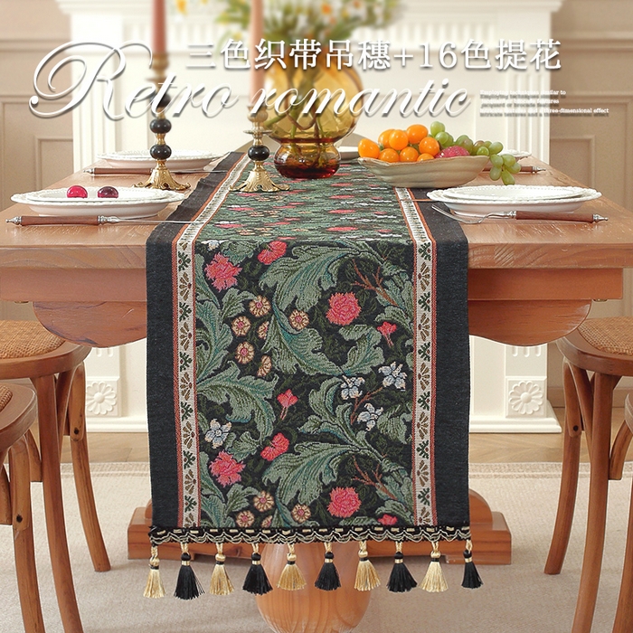 91家纺网 家纺一手货源 找家纺 南通大梧纺织 2026新款复古莫里斯桌旗 莫里斯-黑