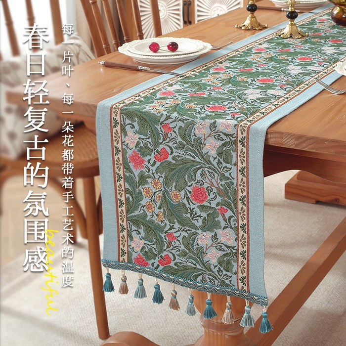 91家纺网 家纺一手货源 找家纺 南通大梧纺织 2026新款复古莫里斯桌旗 莫里斯-蓝