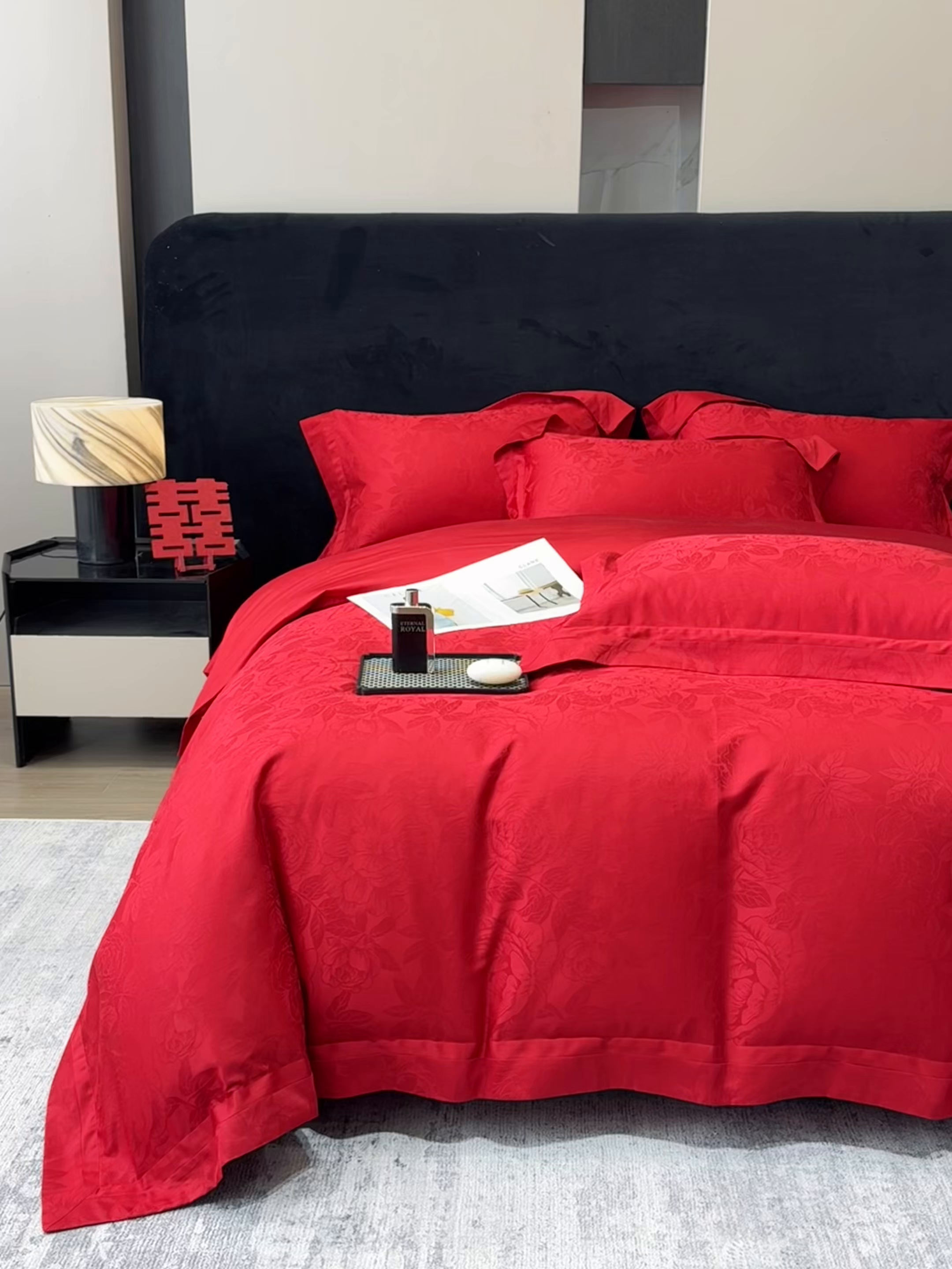 91家纺网 家纺一手货源 找家纺 （总）家居1号家纺 2026新款60支长绒棉纯棉提花婚庆四件套-花开富贵玫瑰红