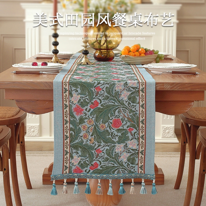 91家纺网 家纺一手货源 找家纺 南通大梧纺织 2026新款复古莫里斯桌旗 莫里斯-蓝