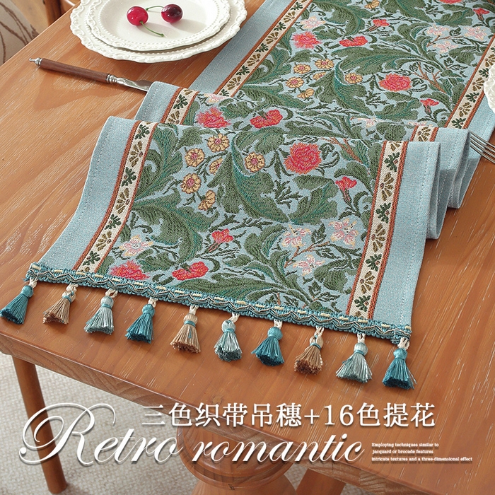 91家纺网 家纺一手货源 找家纺 南通大梧纺织 2026新款复古莫里斯桌旗 莫里斯-蓝