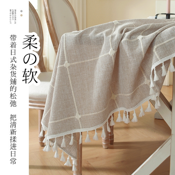 91家纺网 家纺一手货源 找家纺 南通大梧纺织 2026新款简约幸运草大格桌布 幸运草大格-米（小穗边）