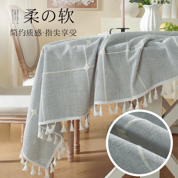 91家纺网 家纺一手货源 找家纺 南通大梧纺织 2026新款简约幸运草大格桌布 幸运草大格-灰（小穗边）