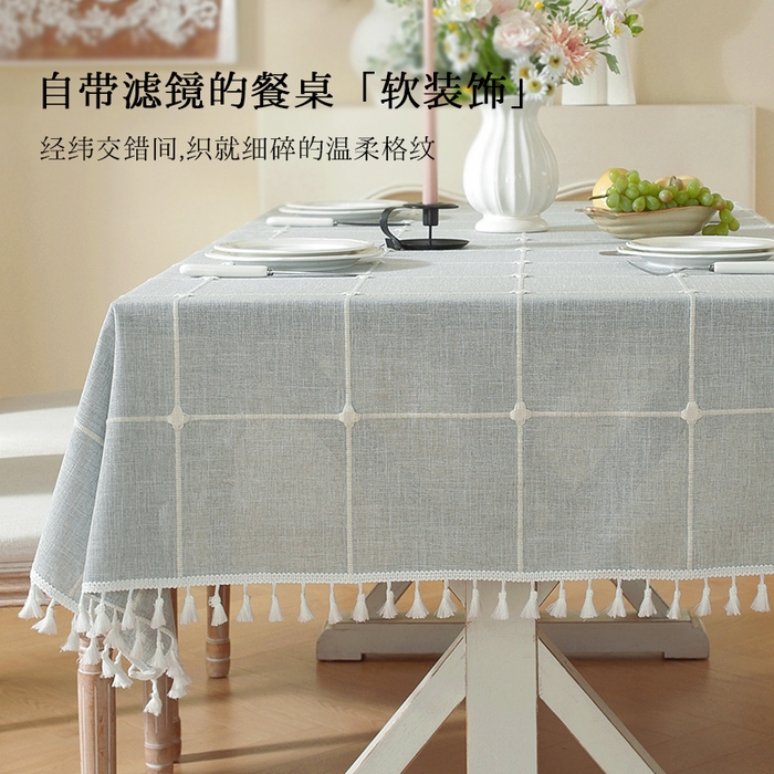 91家纺网 家纺一手货源 找家纺 南通大梧纺织 2026新款简约幸运草大格桌布 幸运草大格-灰（小穗边）