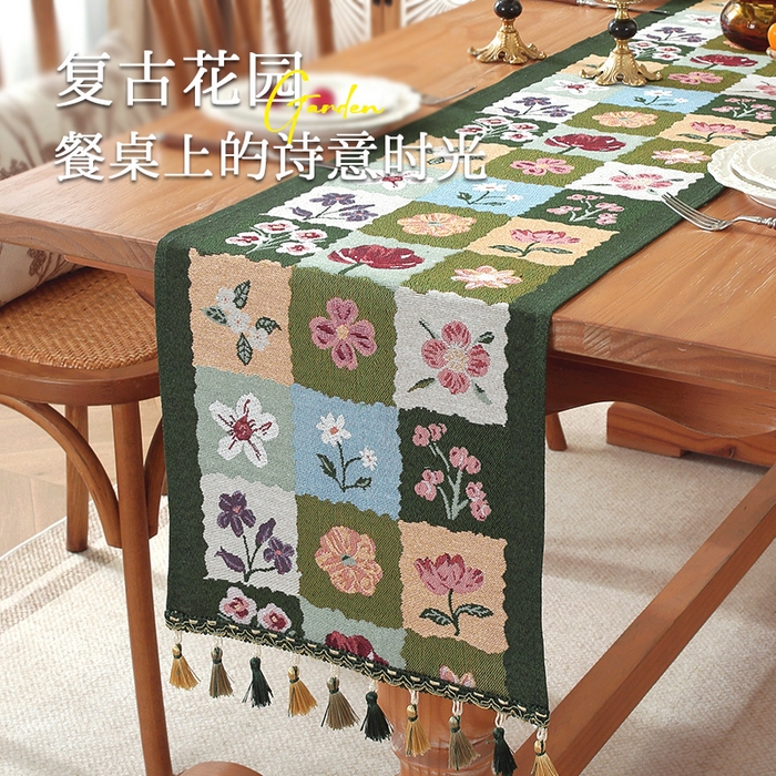 91家纺网 家纺一手货源 找家纺 南通大梧纺织 2026新款美式风情花朵桌旗 花朵绿