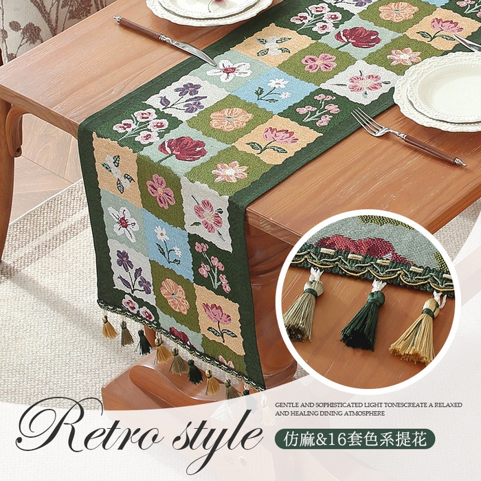 91家纺网 家纺一手货源 找家纺 南通大梧纺织 2026新款美式风情花朵桌旗 花朵绿