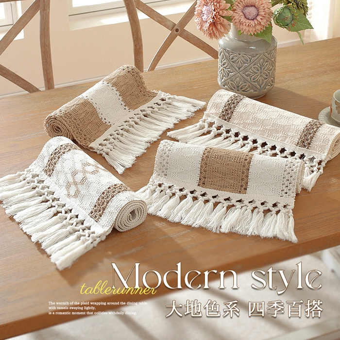 91家纺网 家纺一手货源 找家纺 南通大梧纺织 2026新款宅寂风复古麻长须桌旗 单咖宽 长结须