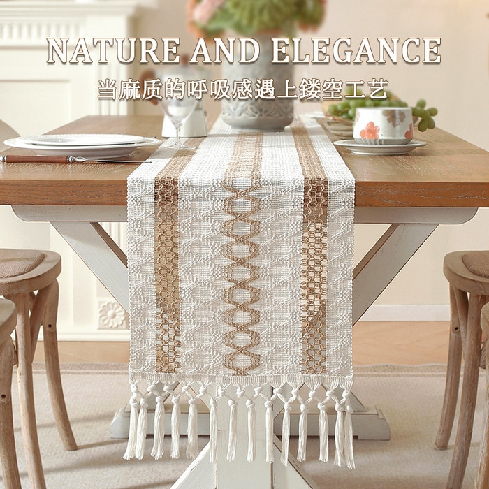 91家纺网 家纺一手货源 找家纺 南通大梧纺织 2026新款宅寂风复古麻长须桌旗 三咖细 长结须