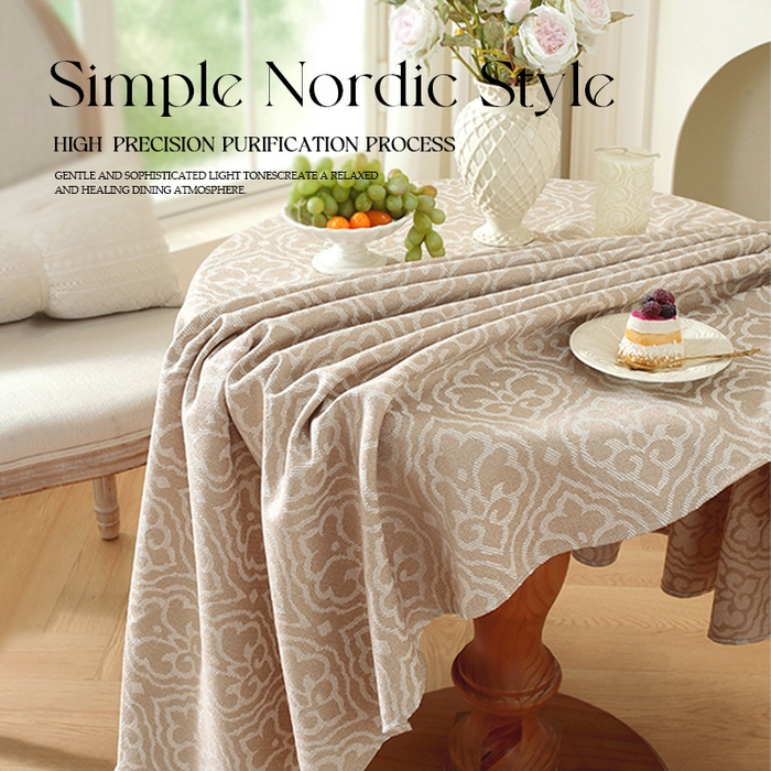 91家纺网 家纺一手货源 找家纺 南通大梧纺织 2026新款治愈系北欧圆桌布 满版宝相咖
