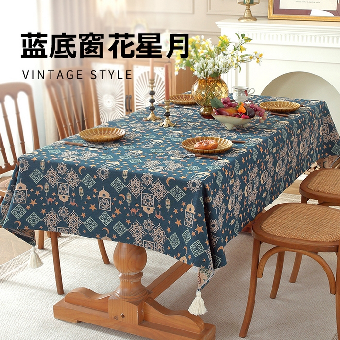 南通大梧纺织 2026新款中东复古骆驼城堡窗花桌布 蓝底窗花星月