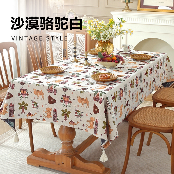 南通大梧纺织 2026新款中东复古骆驼城堡窗花桌布 沙漠骆驼白