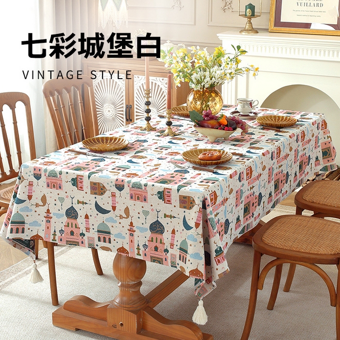 南通大梧纺织 2026新款中东复古骆驼城堡窗花桌布 七彩城堡白