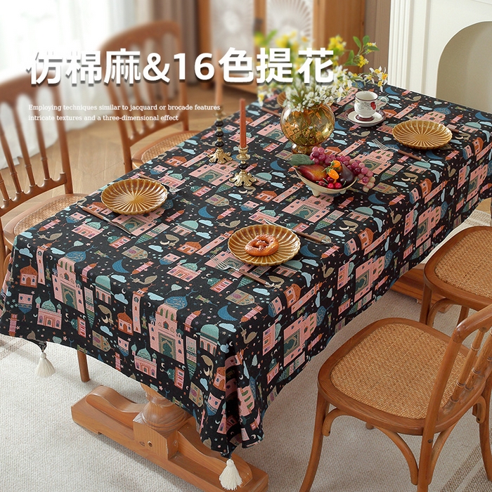 91家纺网 家纺一手货源 找家纺 南通大梧纺织 2026新款中东复古骆驼城堡窗花桌布 七彩城堡黑