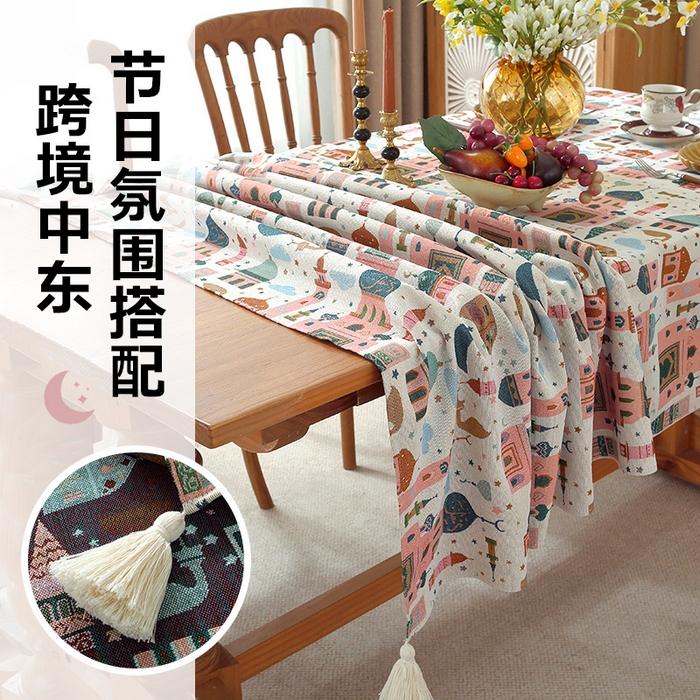 91家纺网 家纺一手货源 找家纺 南通大梧纺织 2026新款中东复古骆驼城堡窗花桌布 七彩城堡白