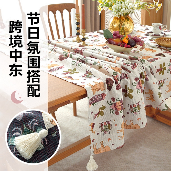 91家纺网 家纺一手货源 找家纺 南通大梧纺织 2026新款中东复古骆驼城堡窗花桌布 沙漠骆驼白