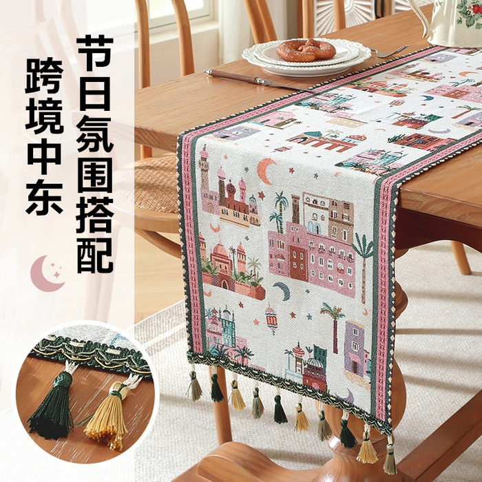 91家纺网 家纺一手货源 找家纺 （总）南通大梧纺织 2026新款中东复古骆驼城堡窗花桌旗