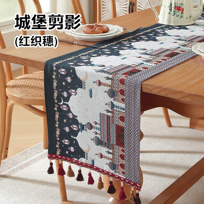 南通大梧纺织 2026新款中东复古骆驼城堡窗花桌旗 城堡剪影（红织穗）