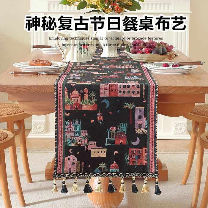 91家纺网 家纺一手货源 找家纺 南通大梧纺织 2026新款中东复古骆驼城堡窗花桌旗 黑底城堡星月 (黑织穗)