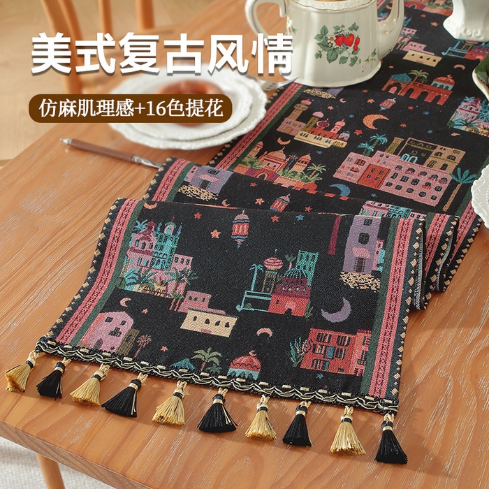 91家纺网 家纺一手货源 找家纺 南通大梧纺织 2026新款中东复古骆驼城堡窗花桌旗 黑底城堡星月 (黑织穗)