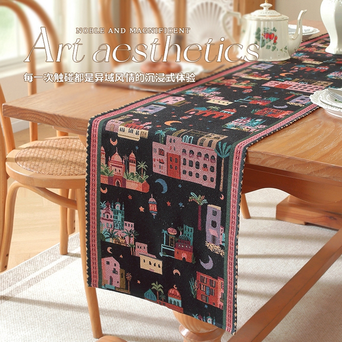 91家纺网 家纺一手货源 找家纺 南通大梧纺织 2026新款中东复古骆驼城堡窗花桌旗 黑底城堡星月(直边)