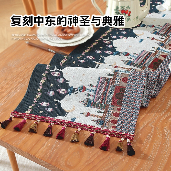 91家纺网 家纺一手货源 找家纺 南通大梧纺织 2026新款中东复古骆驼城堡窗花桌旗 城堡剪影（红织穗）