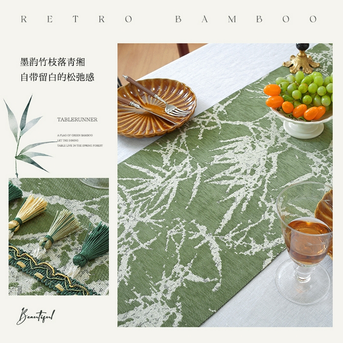 91家纺网 家纺一手货源 找家纺 南通大梧纺织 2026新款中式墨竹桌旗 墨竹-绿