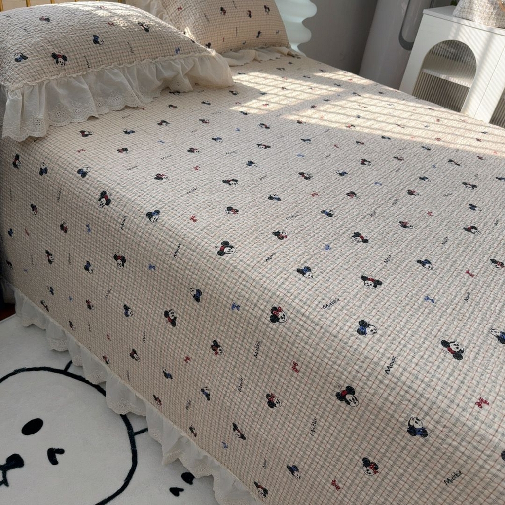 91家纺网 家纺一手货源 找家纺 暖居 2026新款大尺寸双层纱高温砂洗245X265床盖三件套 米妮