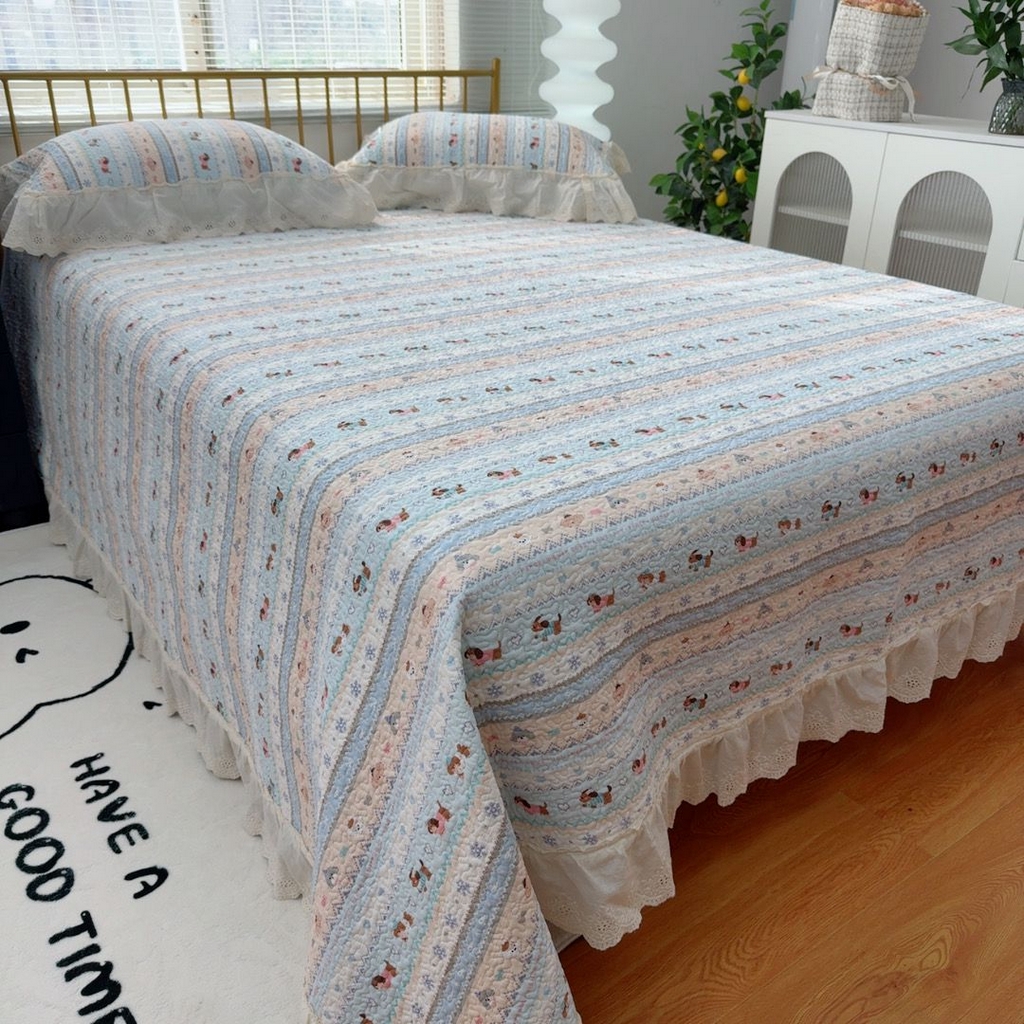 91家纺网 家纺一手货源 找家纺 暖居 2026新款大尺寸双层纱高温砂洗245X265床盖三件套 旺旺队