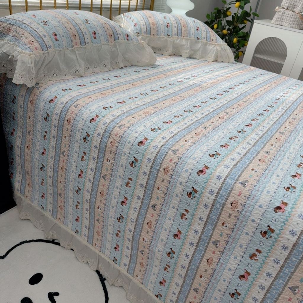 91家纺网 家纺一手货源 找家纺 暖居 2026新款大尺寸双层纱高温砂洗245X265床盖三件套 旺旺队