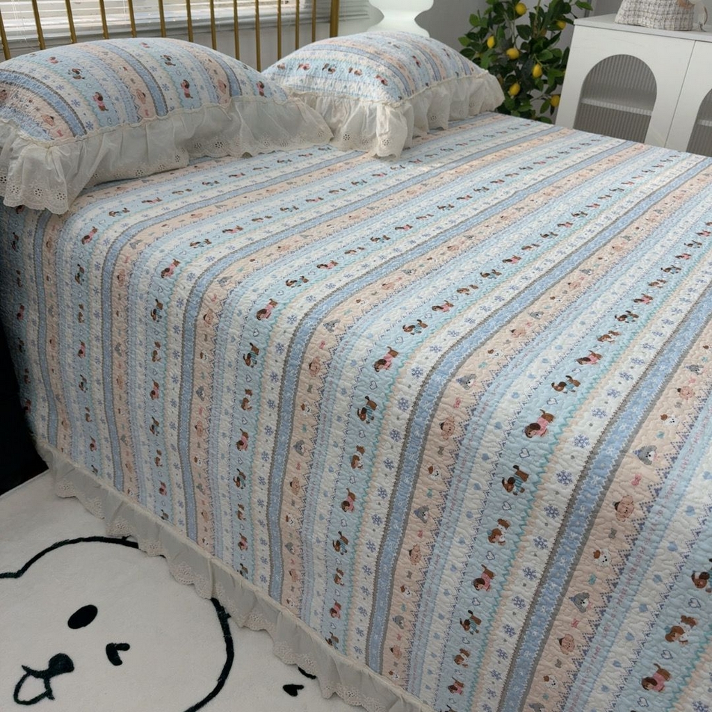 91家纺网 家纺一手货源 找家纺 暖居 2026新款大尺寸双层纱高温砂洗245X265床盖三件套 旺旺队