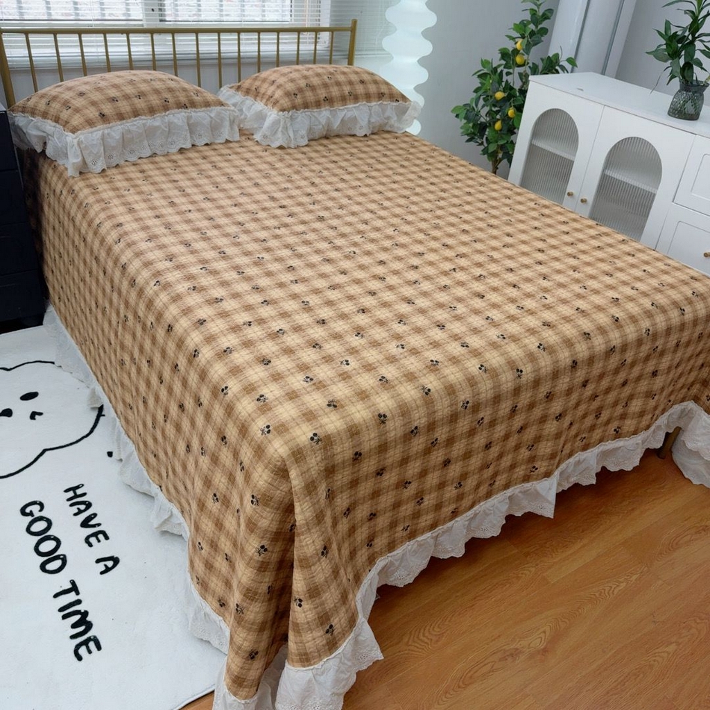 91家纺网 家纺一手货源 找家纺 暖居 2026新款大尺寸双层纱高温砂洗245X265床盖三件套 车厘子