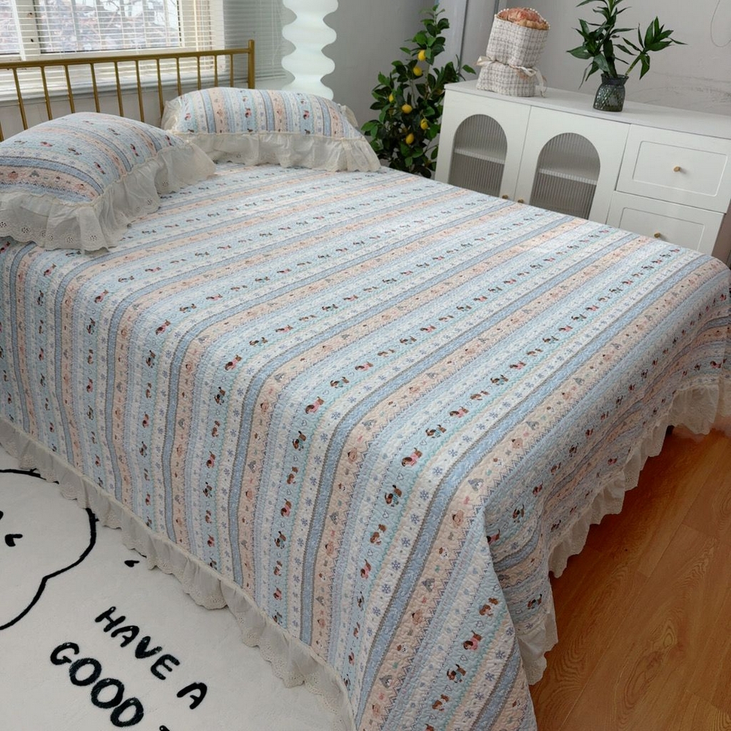 91家纺网 家纺一手货源 找家纺 暖居 2026新款大尺寸双层纱高温砂洗245X265床盖三件套 旺旺队