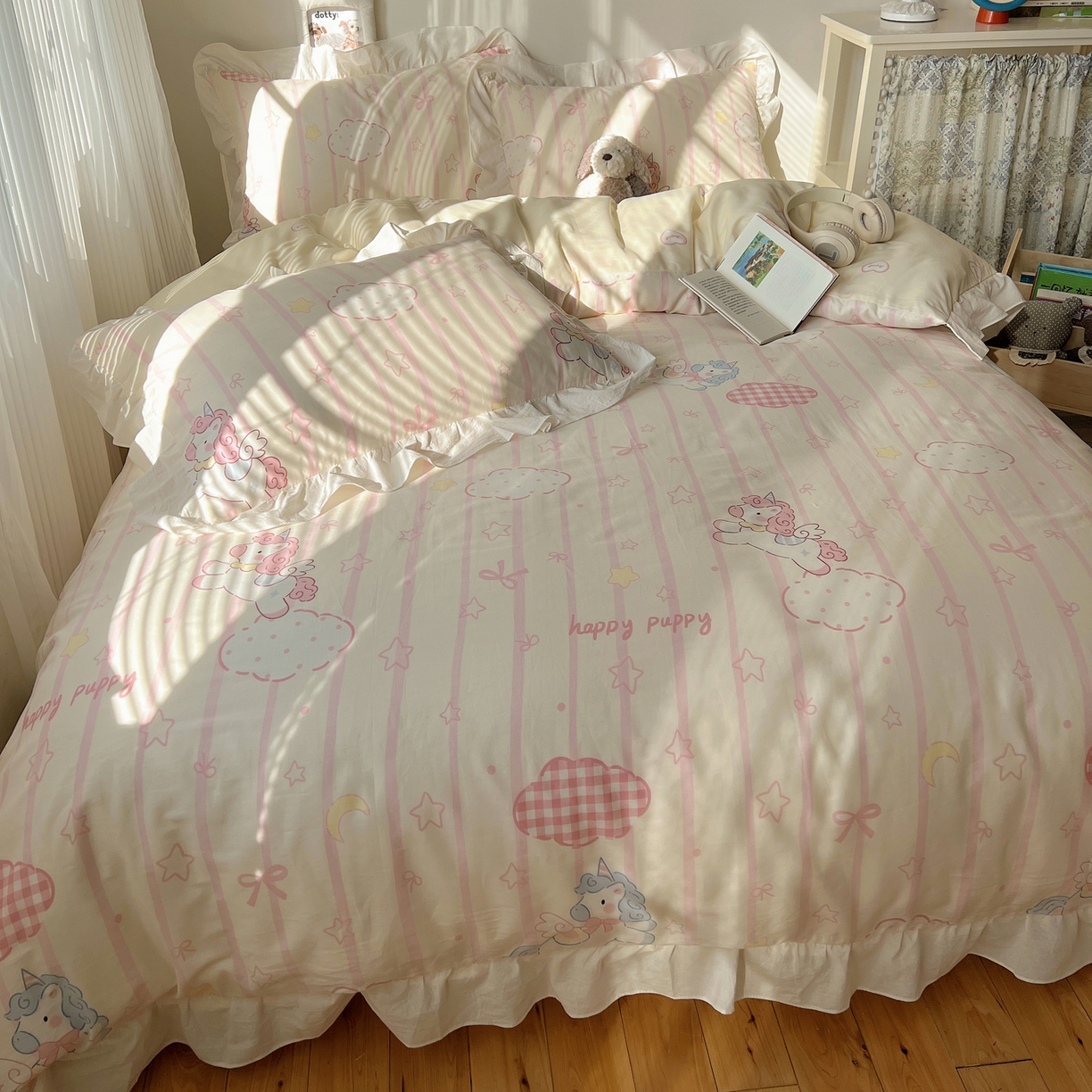 91家纺网 家纺一手货源 找家纺 六巷胡同 2026春夏新款韩系花边款卡通40支13070全棉四件套（第二系列）-风格二 花边梦幻星河马