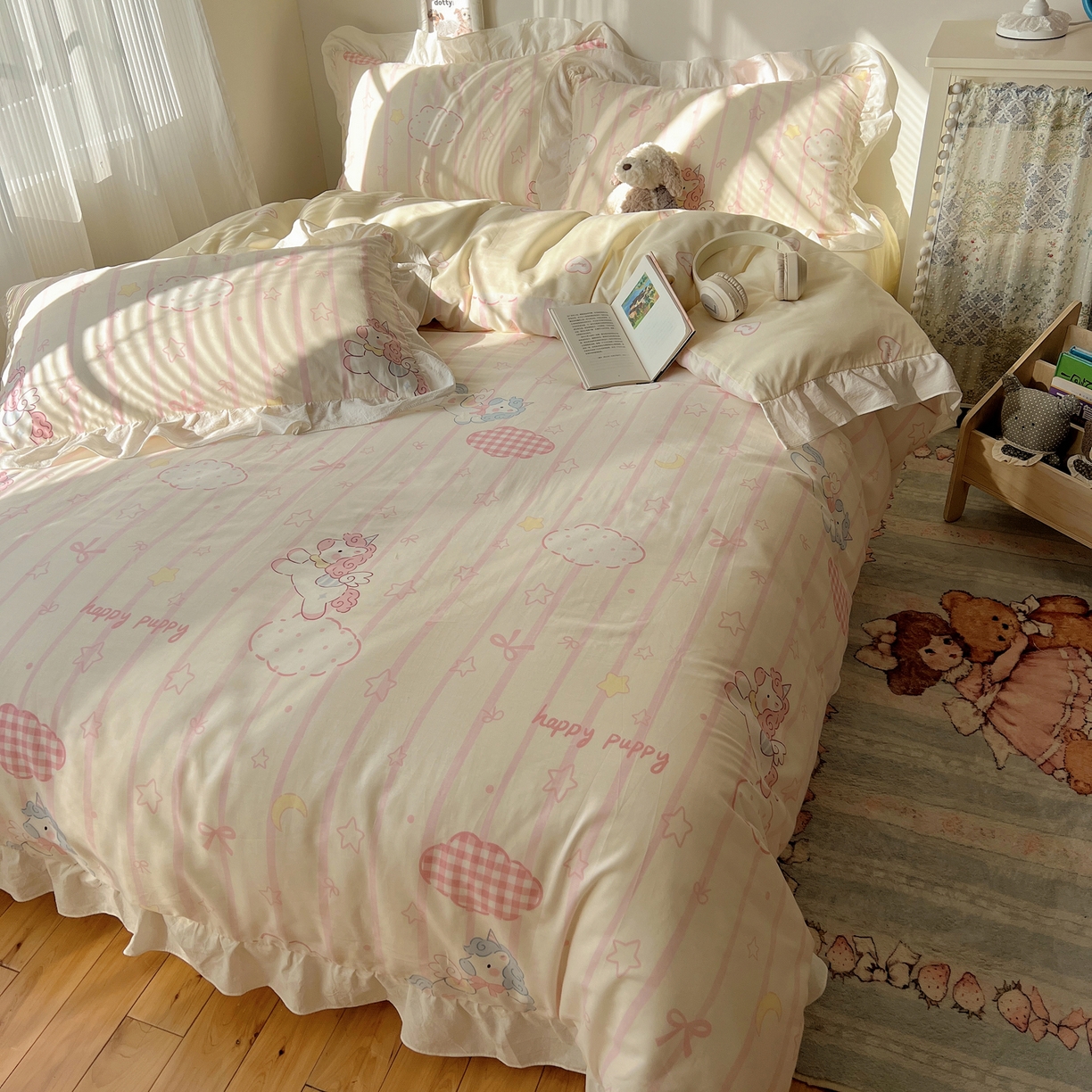 91家纺网 家纺一手货源 找家纺 六巷胡同 2026春夏新款韩系花边款卡通40支13070全棉四件套（第二系列）-风格二 花边梦幻星河马