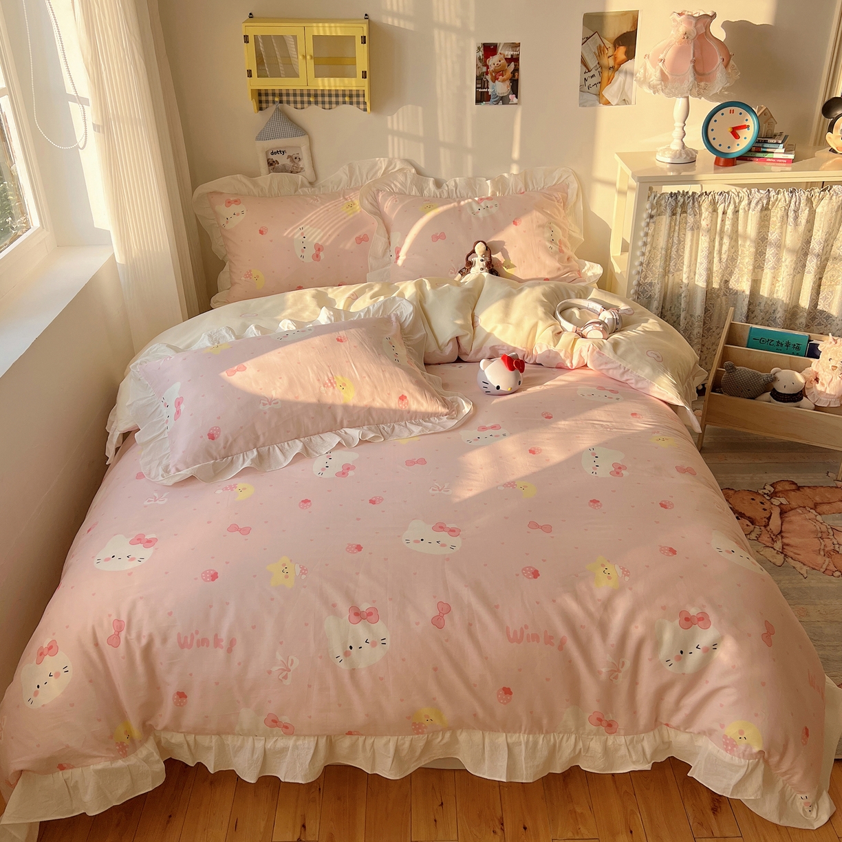 91家纺网 家纺一手货源 找家纺 六巷胡同 2026春夏新款韩系花边款卡通40支13070全棉四件套（第二系列）-风格二 花边粉爱心喵喵