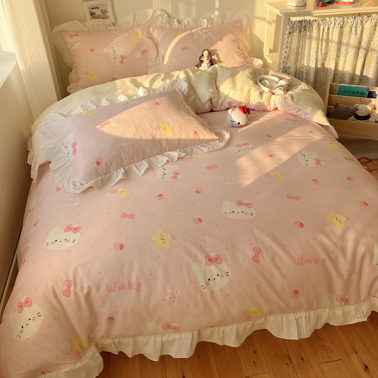 91家纺网 家纺一手货源 找家纺 六巷胡同 2026春夏新款韩系花边款卡通40支13070全棉四件套（第二系列）-风格二 花边粉爱心喵喵