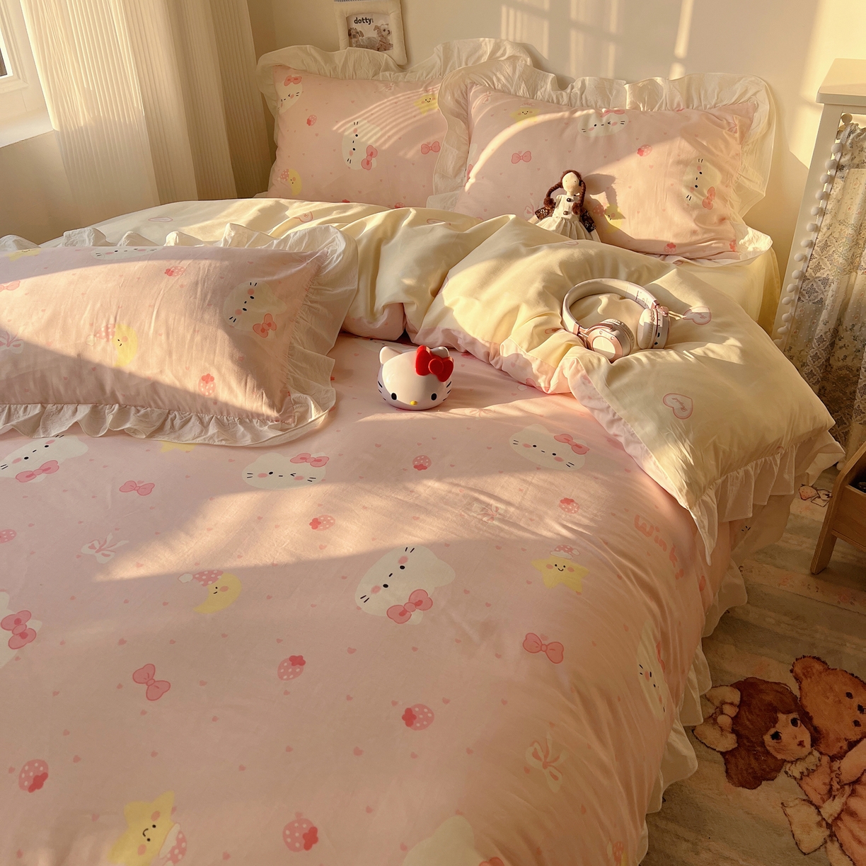 91家纺网 家纺一手货源 找家纺 六巷胡同 2026春夏新款韩系花边款卡通40支13070全棉四件套（第二系列）-风格二 花边粉爱心喵喵