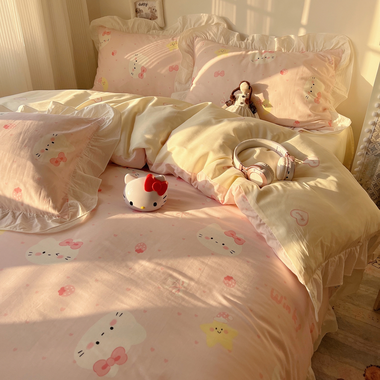 91家纺网 家纺一手货源 找家纺 六巷胡同 2026春夏新款韩系花边款卡通40支13070全棉四件套（第二系列）-风格二 花边粉爱心喵喵