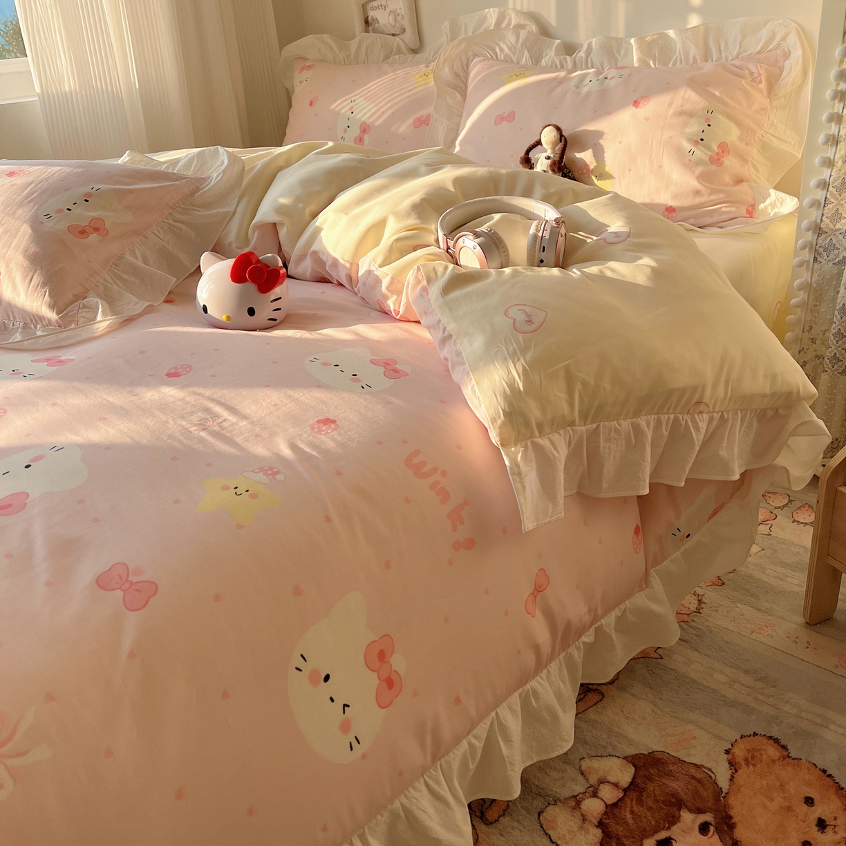 91家纺网 家纺一手货源 找家纺 六巷胡同 2026春夏新款韩系花边款卡通40支13070全棉四件套（第二系列）-风格二 花边粉爱心喵喵