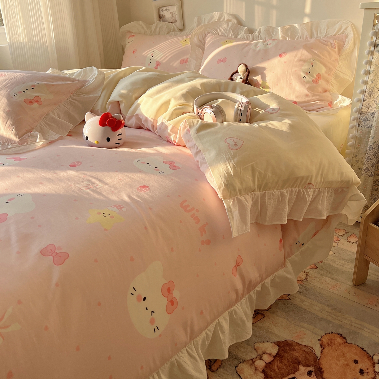 91家纺网 家纺一手货源 找家纺 六巷胡同 2026春夏新款韩系花边款卡通40支13070全棉四件套（第二系列）-风格二 花边粉爱心喵喵