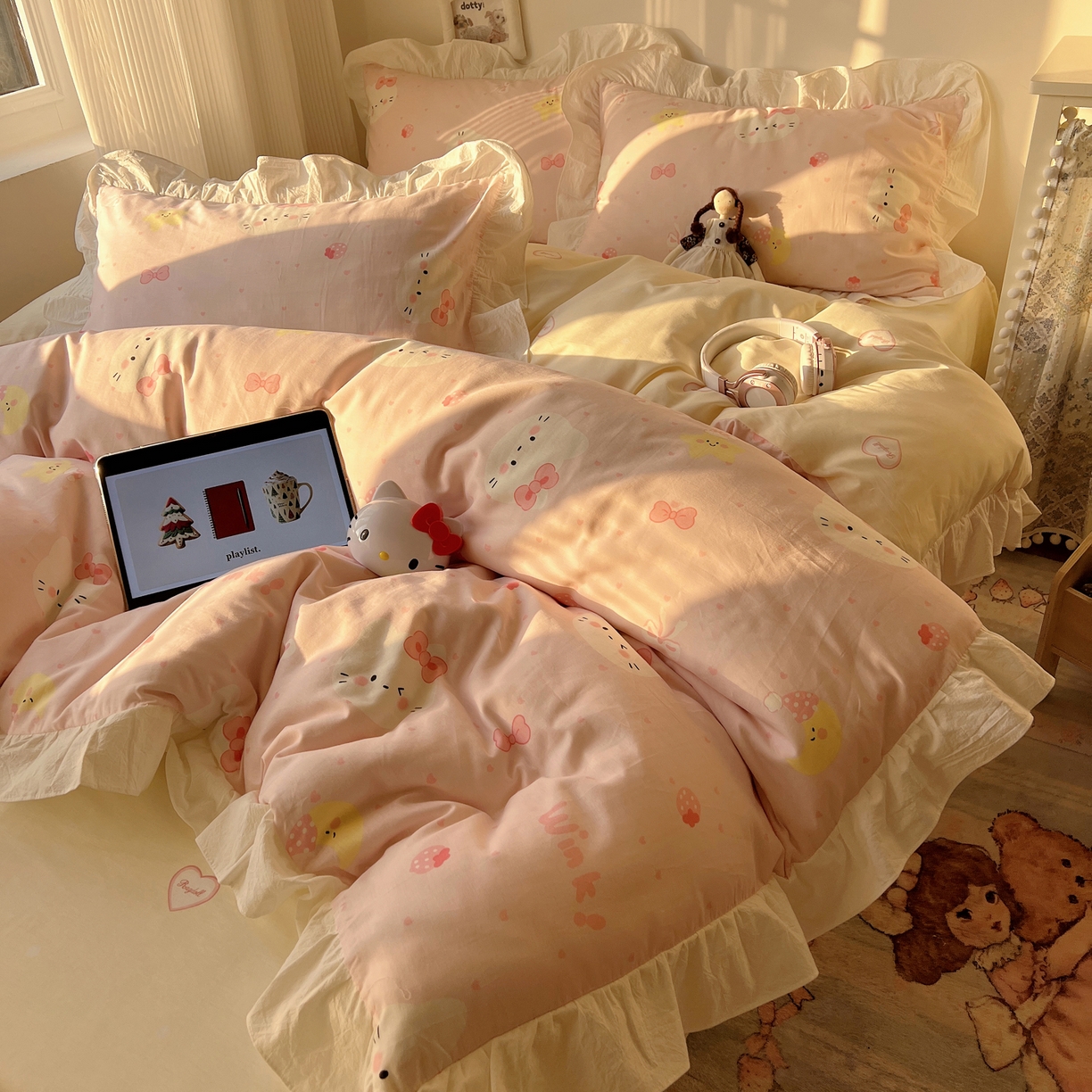 91家纺网 家纺一手货源 找家纺 六巷胡同 2026春夏新款韩系花边款卡通40支13070全棉四件套（第二系列）-风格二 花边粉爱心喵喵