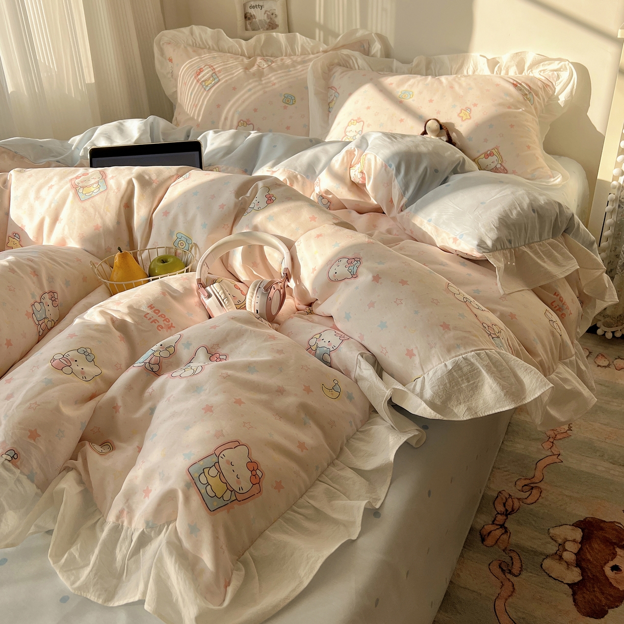 六巷胡同 2026春夏新款韩系花边款卡通40支13070全棉四件套（第二系列）-风格二 花边粉星闺蜜喵