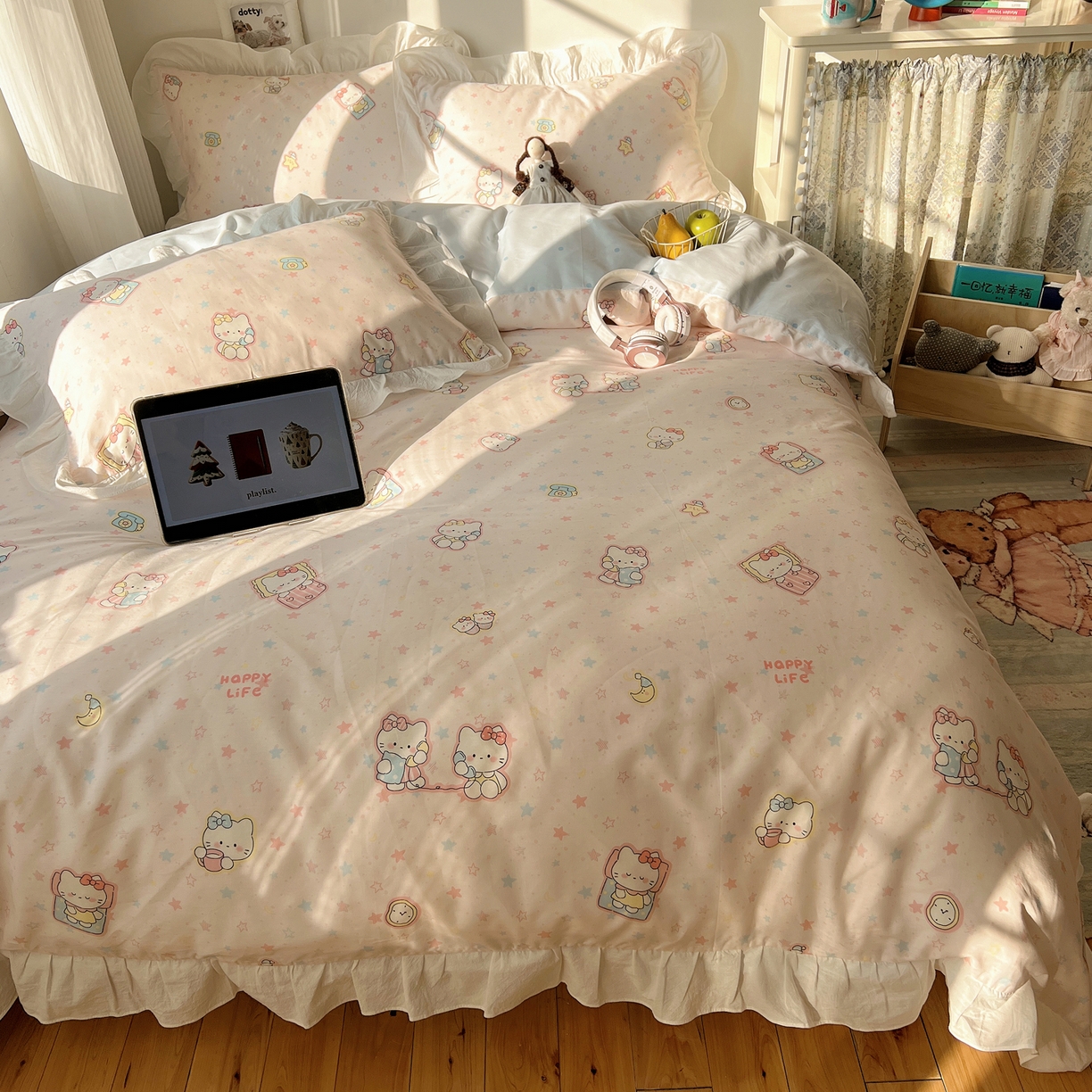 91家纺网 家纺一手货源 找家纺 六巷胡同 2026春夏新款韩系花边款卡通40支13070全棉四件套（第二系列）-风格二 花边粉星闺蜜喵