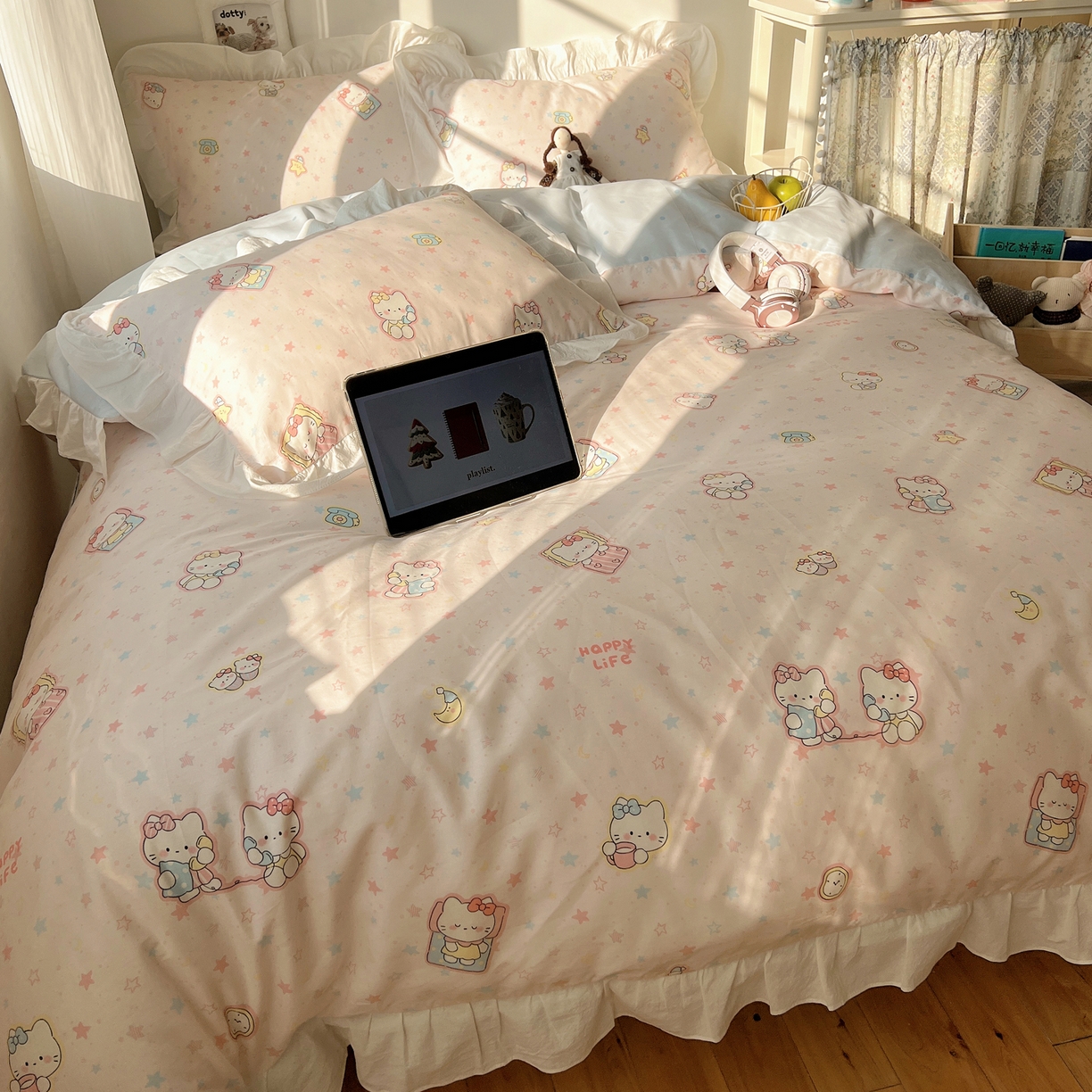 91家纺网 家纺一手货源 找家纺 六巷胡同 2026春夏新款韩系花边款卡通40支13070全棉四件套（第二系列）-风格二 花边粉星闺蜜喵