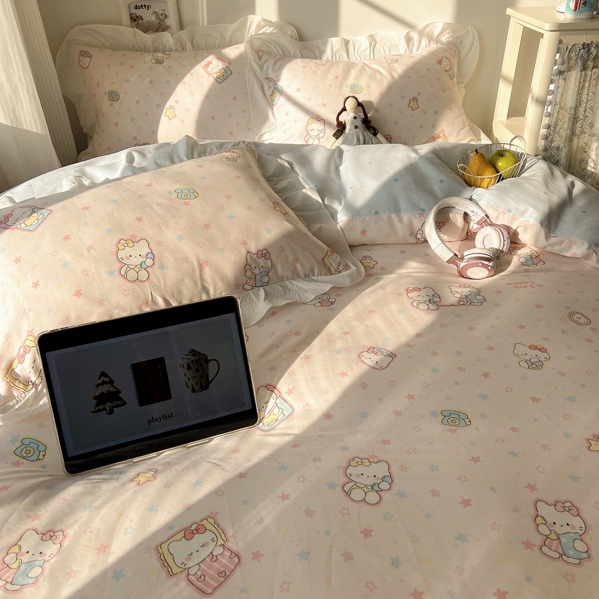 91家纺网 家纺一手货源 找家纺 六巷胡同 2026春夏新款韩系花边款卡通40支13070全棉四件套（第二系列）-风格二 花边粉星闺蜜喵