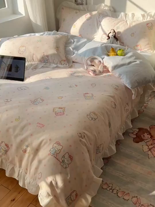 91家纺网 家纺一手货源 找家纺 六巷胡同 2026春夏新款韩系花边款卡通40支13070全棉四件套（第二系列）-风格二 花边粉星闺蜜喵