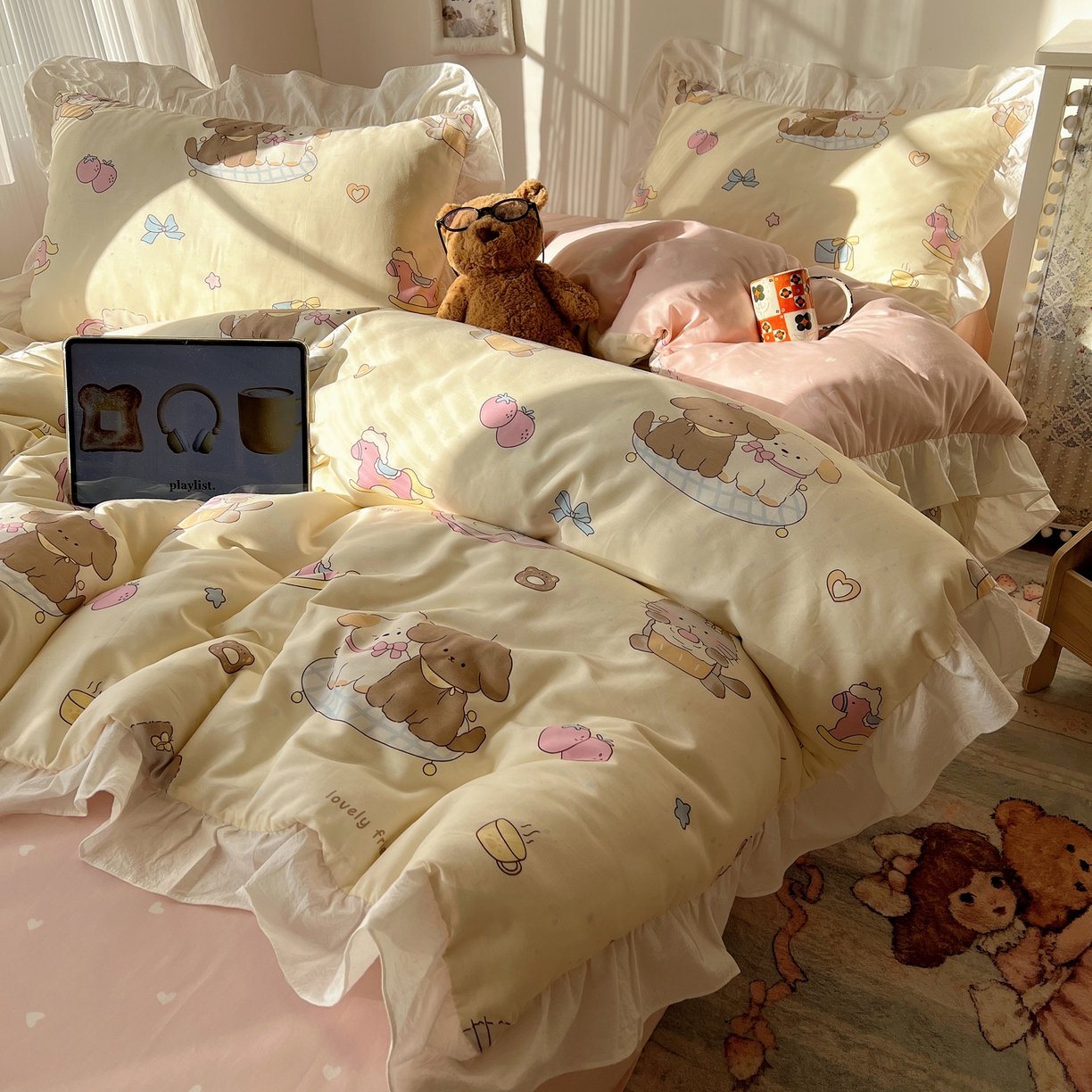 六巷胡同 2026春夏新款韩系花边款卡通40支13070全棉四件套（第二系列）-风格二 花边狗狗轰趴记