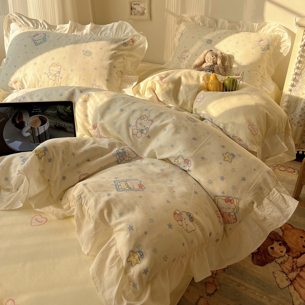 六巷胡同 2026春夏新款韩系花边款卡通40支13070全棉四件套（第二系列）-风格二 花边蓝星电话喵