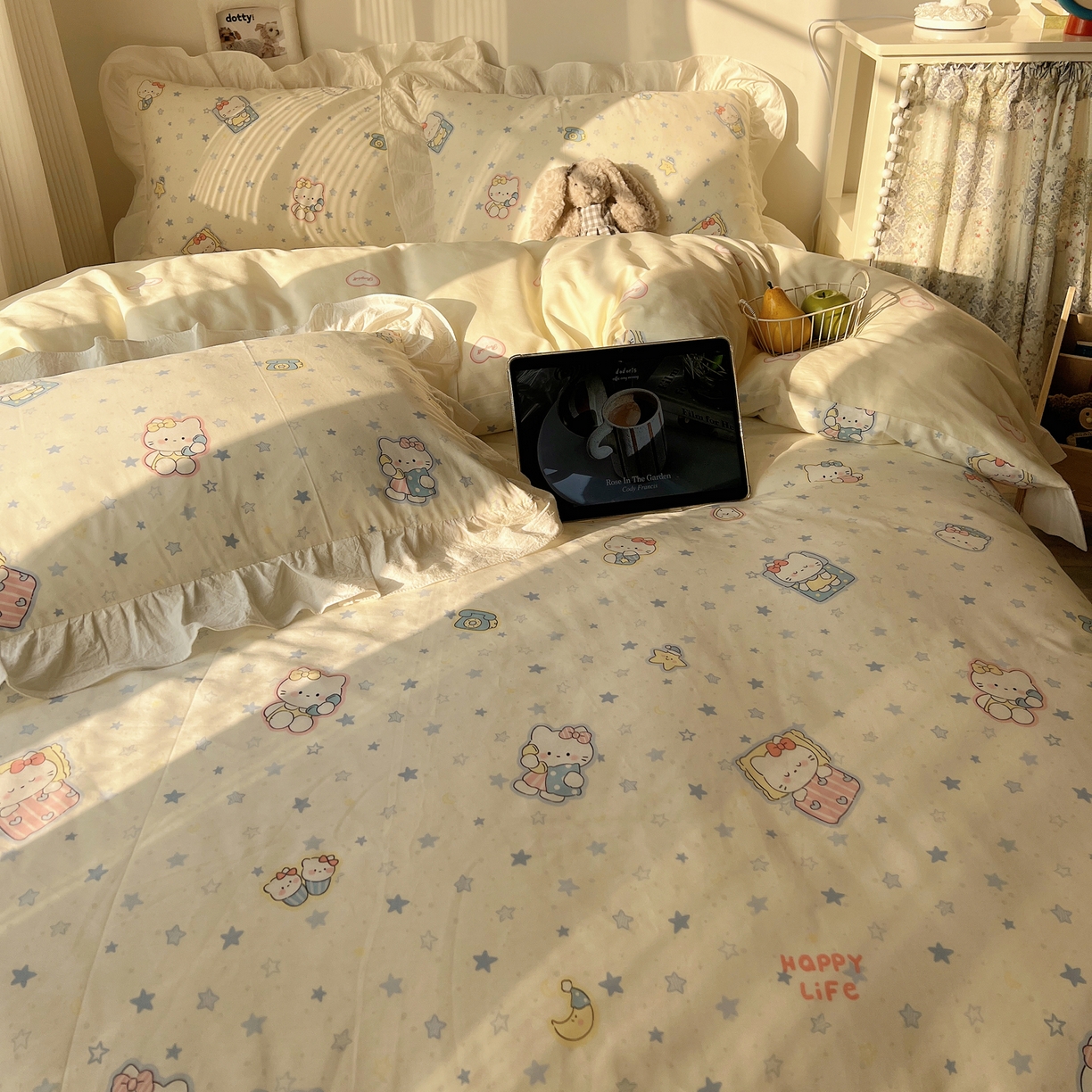 91家纺网 家纺一手货源 找家纺 六巷胡同 2026春夏新款韩系花边款卡通40支13070全棉四件套（第二系列）-风格二 花边蓝星电话喵